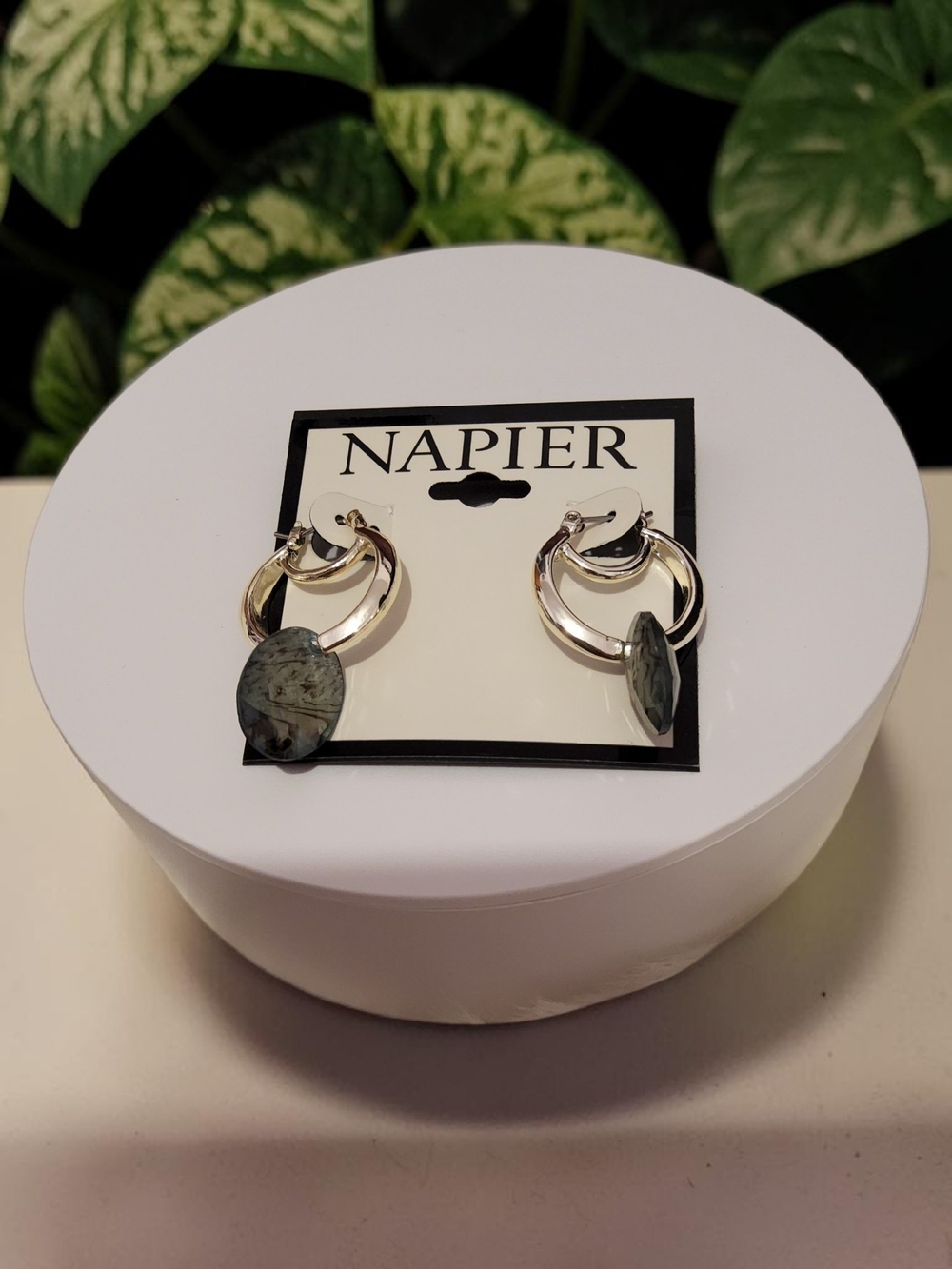 10 / $10 Napier Silver Hoop Earrings with Gray Marbled Stone Drops